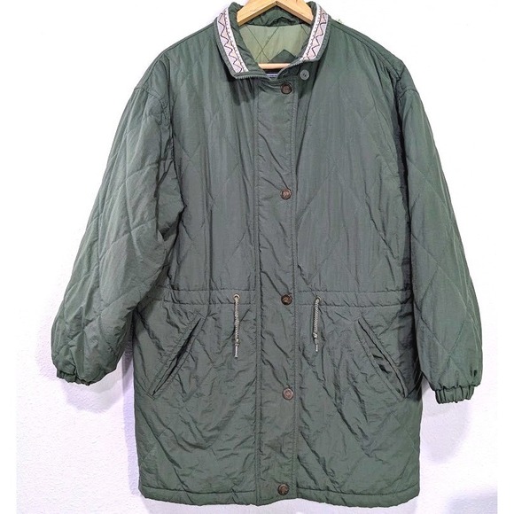 Vintage Jackets & Blazers - Vintage Olive Green M Quilted Parka Jacket‎ Patterned Collar Drawstring Waist
